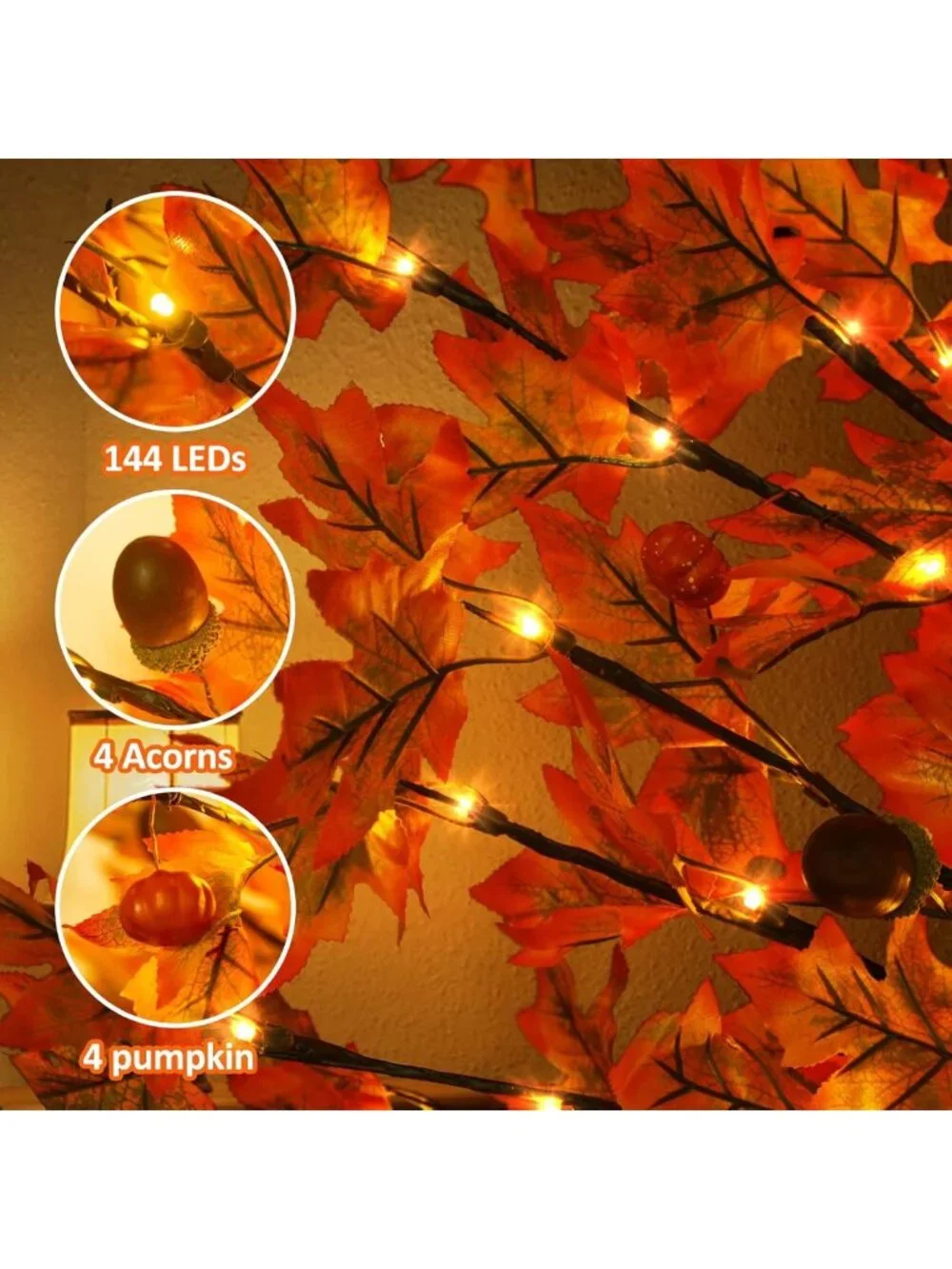 6FT LED Maple Tree Light with Pumpkins & Acorns - Fall Decor, Remote, 8 Modes